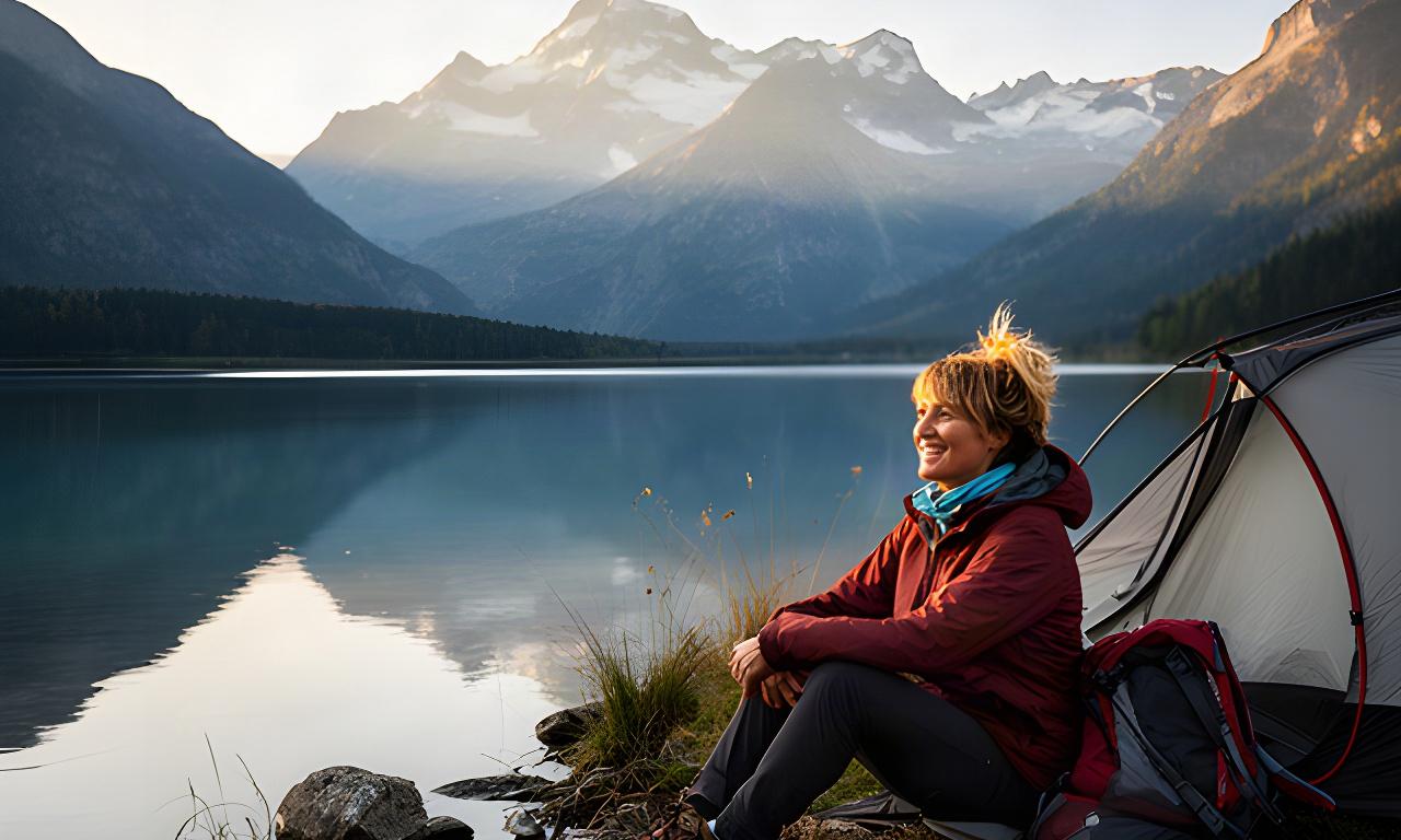 Zufriedene Wanderin sitzt vor ihrem Zelt an einem Schweizer Bergsee