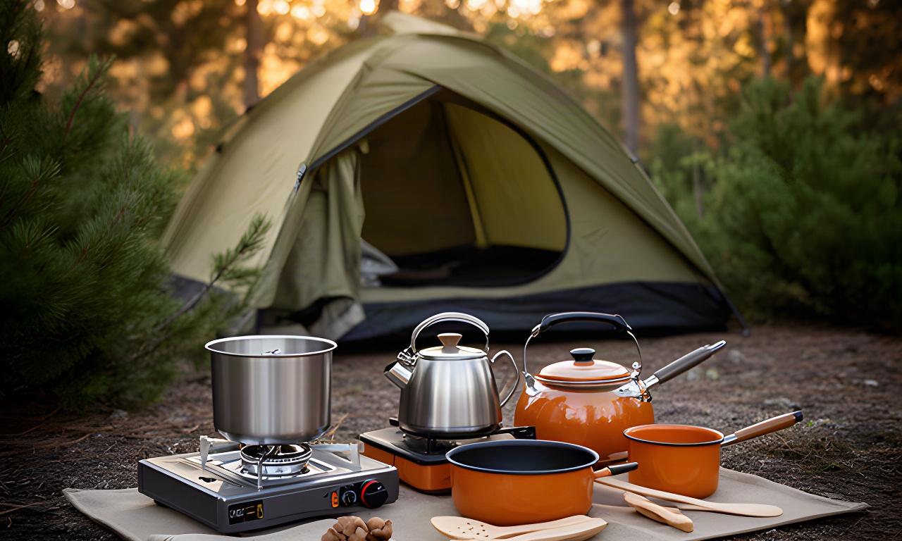 Aufgebaute Campingküche mit Kocher, Töpfen und Zeltplatz im Hintergrund