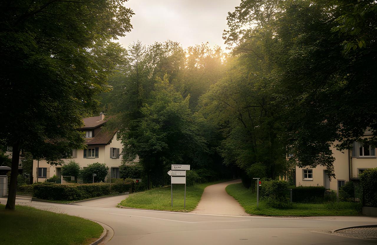 Strasse in Riehen mit Wegweiser und bewaldeter Umgebung nahe Basel