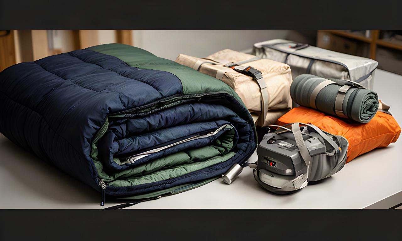 Zusammengelegter Schlafsack und sorgfältig verpackte Outdoor-Ausrüstung auf einer Packfläche