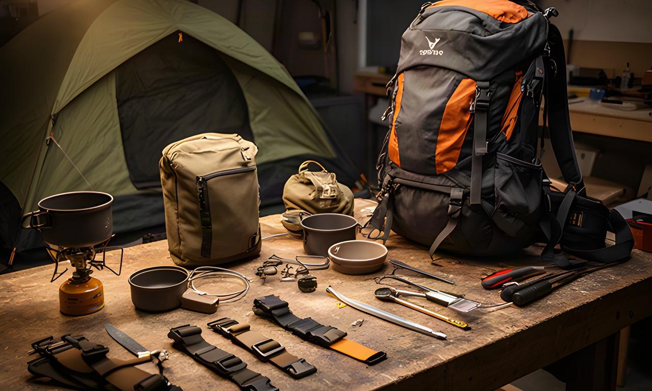 Geprüfte Campingausrüstung auf einer Werkbank mit Zelt, Kocher und Wanderrucksack