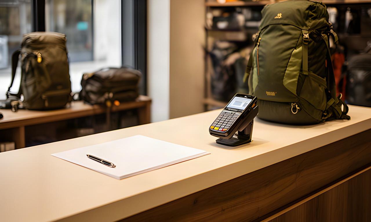 Beratungstresen eines Outdoor-Fachgeschäfts mit Kasse, Notizblock und Rucksack im Hintergrund