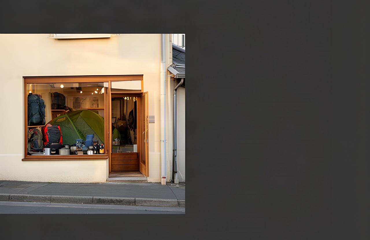 Geschäftseingang von Lehmann & Söhne mit Outdoor-Ausrüstung im Schaufenster