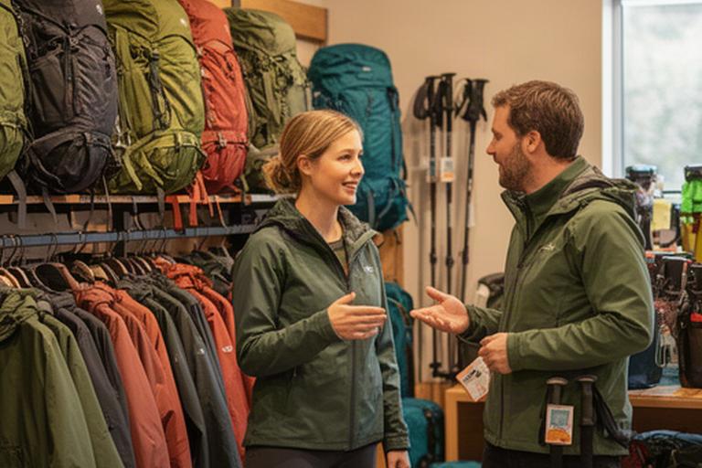 Outdoor-Team berät eine Kundin zwischen Rucksäcken und Trekkingausrüstung im Laden