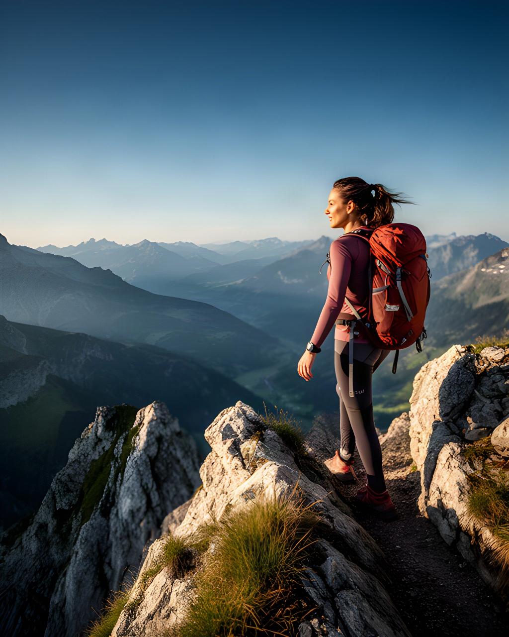 Wanderin mit Rucksack auf einem felsigen Höhenweg über dem Schweizer Voralpengebiet