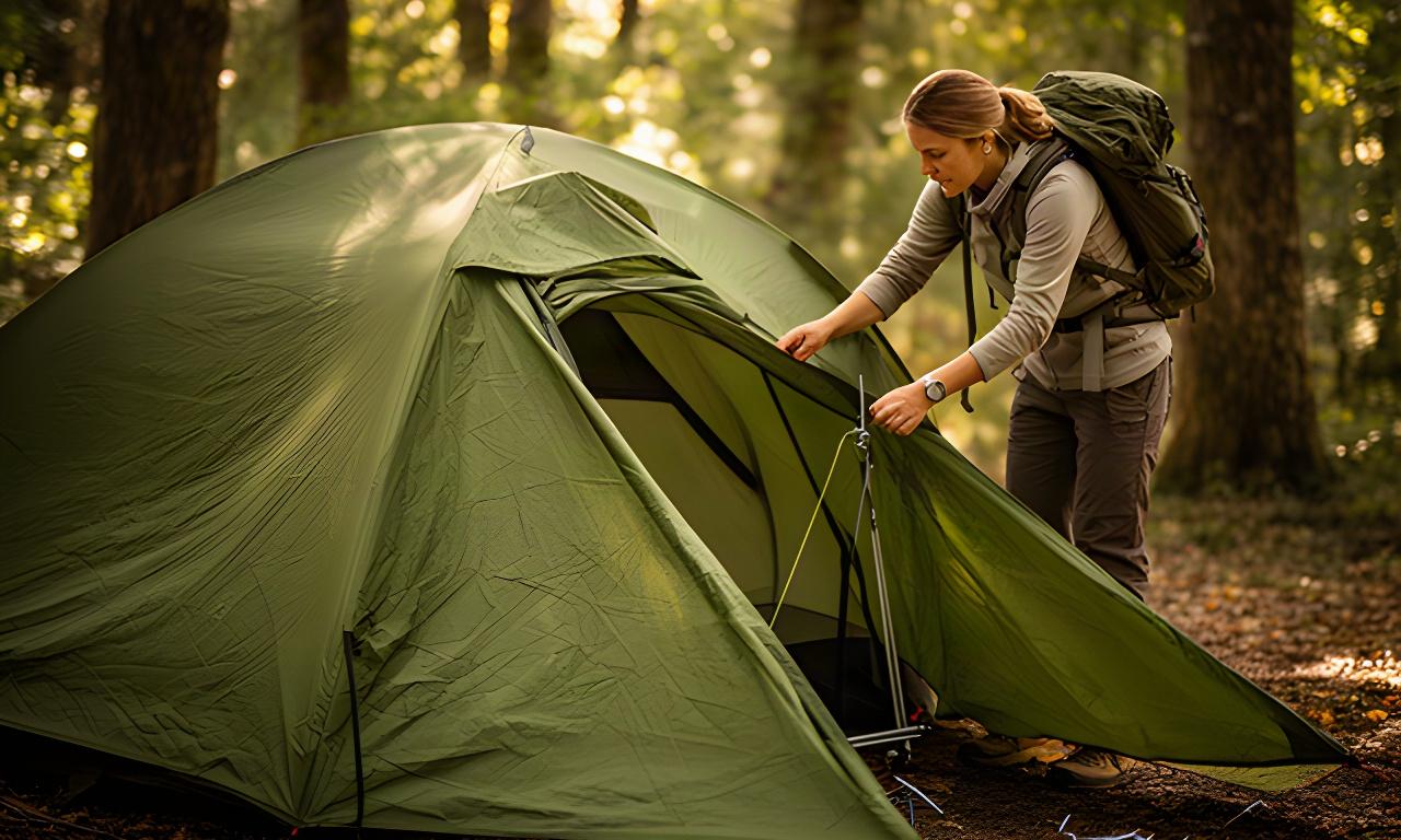 Teilnehmerin richtet bei einem Outdoor-Workshop ein grünes Trekkingzelt im Wald ein