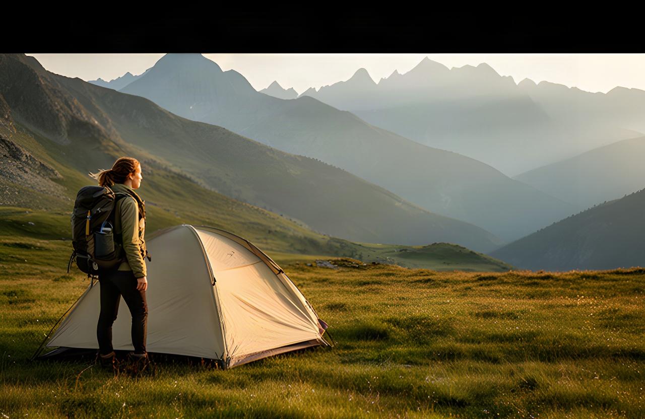 Wanderin mit Rucksack vor einem Zelt auf einer alpinen Wiese