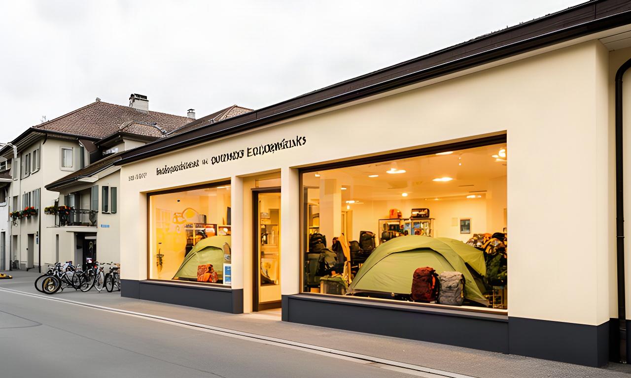 Outdoor-Fachgeschäft an einer ruhigen Strasse in Riehen mit Ausrüstung im Schaufenster