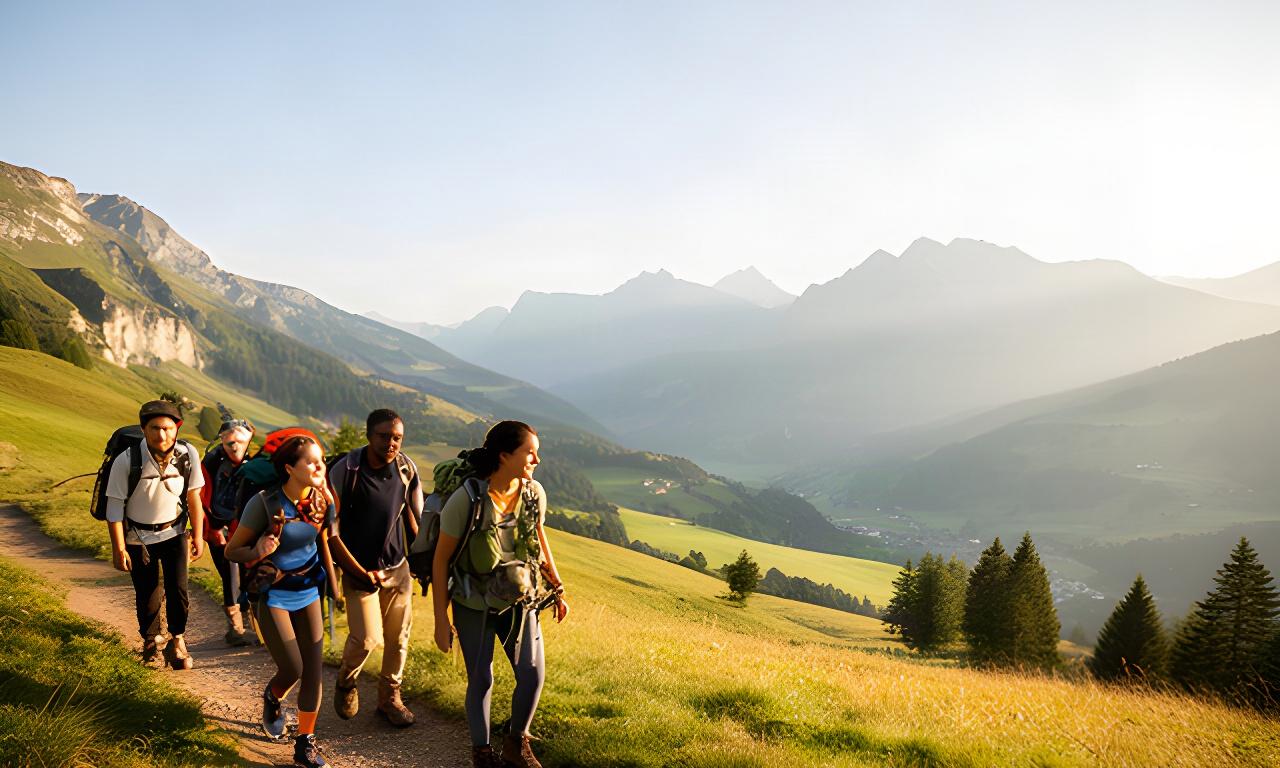 Wandergruppe mit Rucksäcken auf einem sonnigen Bergpfad oberhalb von Basel