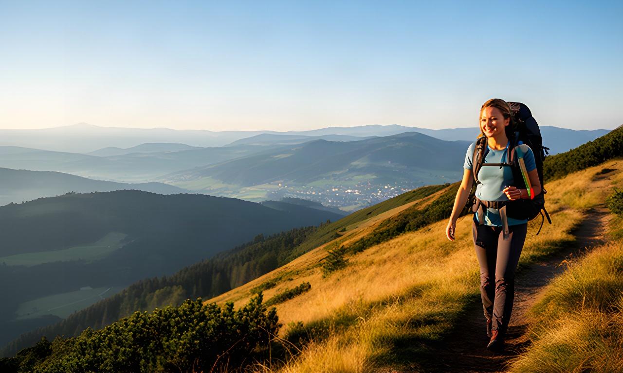 Wanderin mit Rucksack auf einem sonnigen Grat über dem Baselbiet