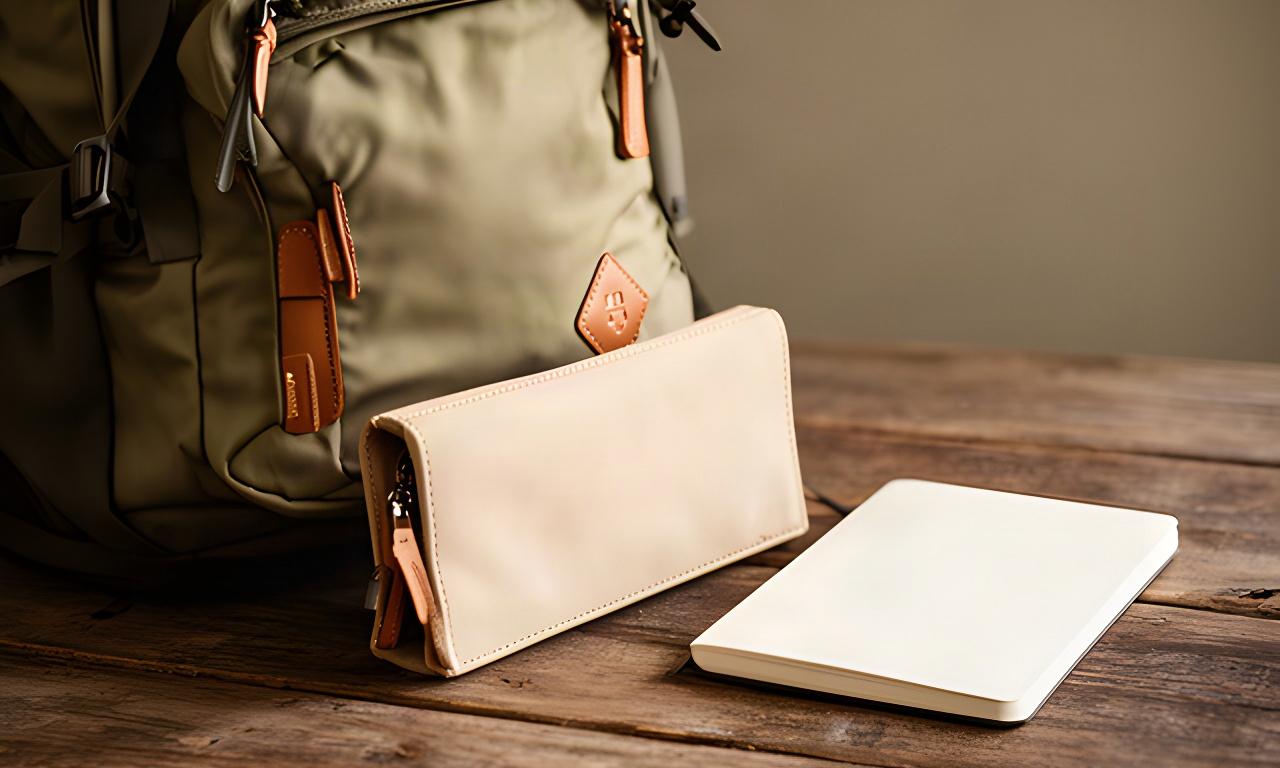 Nahaufnahme eines Outdoor-Rucksacks mit Kartenetui und Notizbuch auf einem Holztisch