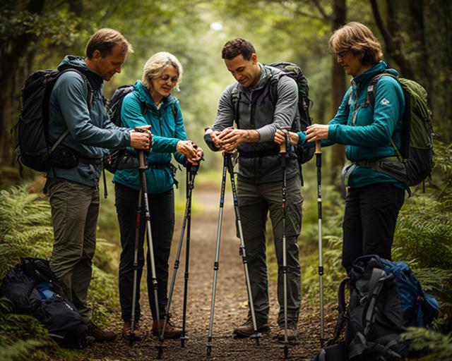 Teilnehmende prüfen gemeinsam Trekkingstöcke an einem Waldweg im Raum Riehen